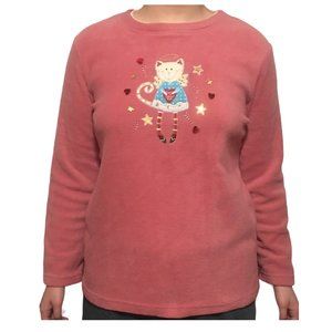 Fleece top Women's M Pink Long Sleeve Embroidery Applique Angel Cat Christmas